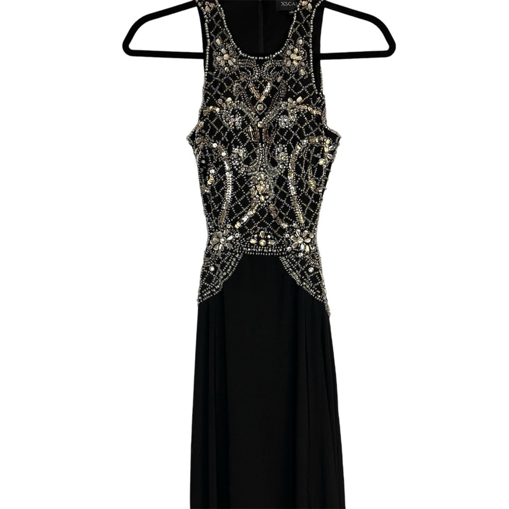 XSCAPE Long Black Beaded Sequin Open Back Sexy Formal Gown with Front Slit Sz 2 - Picture 2 of 14